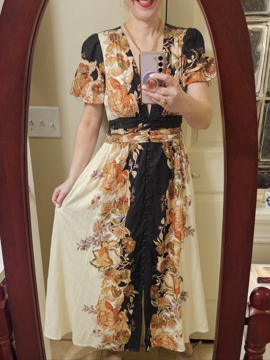 Anthropologie Dresses & Skirts - Anthropologie Katerina Button-Front Dress ✨ Cream Black Orange Floral Midi XS Bo